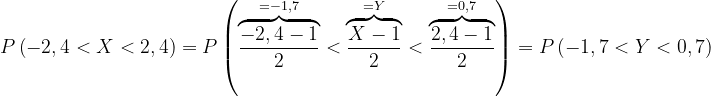 \dpi{120} P\left ( -2,4<X<2,4 \right )=P\left ( \overset{=-1,7}{\overbrace{\frac{-2,4-1}{2}}}<\overset{=Y}{\overbrace{\frac{X-1}{2}}} <\overset{=0,7}{\overbrace{\frac{2,4-1}{2}}}\right )=P\left ( -1,7<Y<0,7 \right )